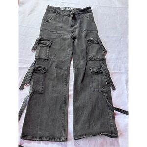 VIP Jeans Womens Black Washed Cargo Pants Wide Leg Strappy Y2K Streetwear 11/30